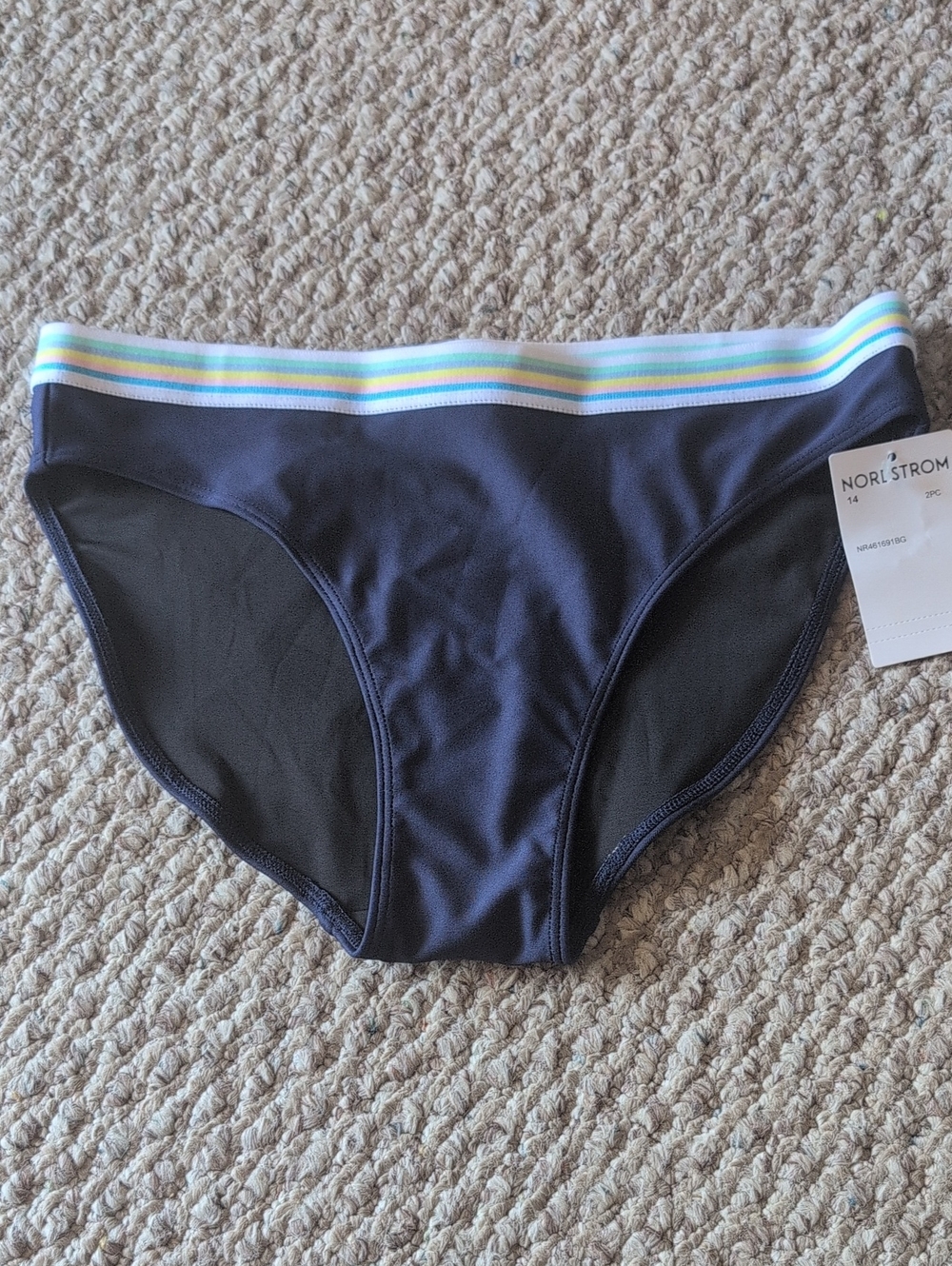 NORDSTROM navy bikini bottoms with multicolor striped waist